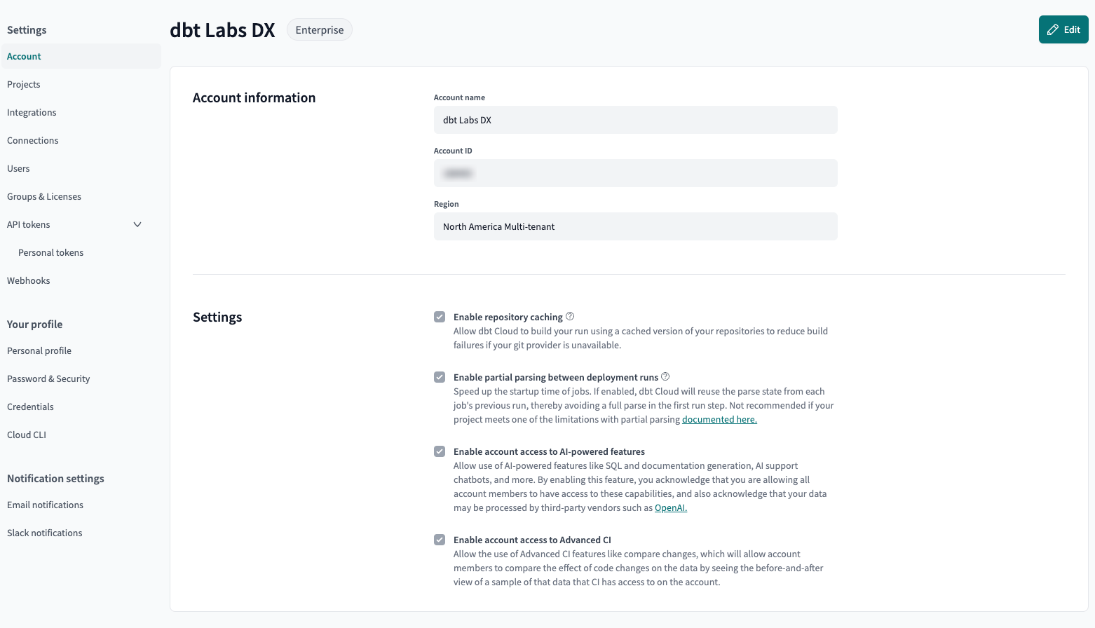 Example of the 'Enable account access to AI-powered feature' option in Account settings